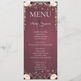 Menu de Casamento Rustic Burgundy Wood & String Li