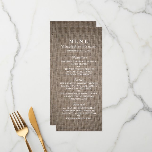 Menu de Casamento Rustic Burlap (Frente/Verso In Situ)