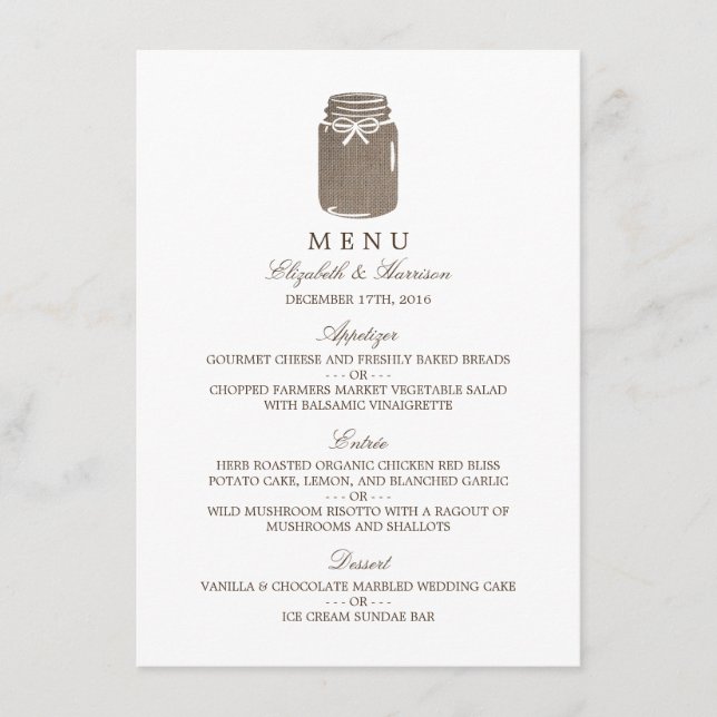 Menu de Casamento Rustic Burlap Mason Jar (Frente)