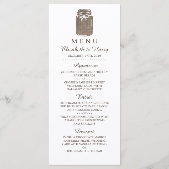 Menu de Casamento Rustic Burlap Mason Jar (Frente)