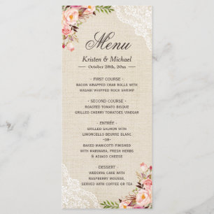 Menu de Casamento Rustic Country Floral Lace Burla