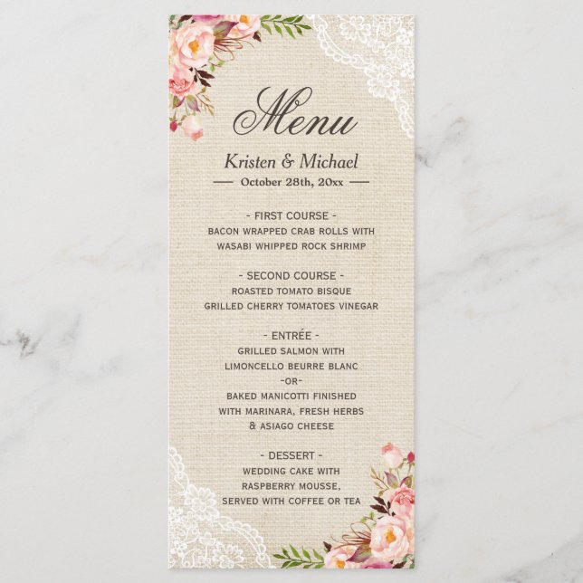 Menu de Casamento Rustic Country Floral Lace Burla (Frente)