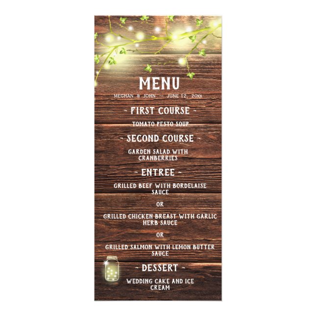 Menu de Casamento Rustic Country Wood Mason Jar Li (Frente)