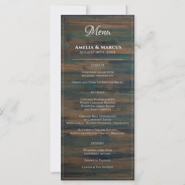 Menu de Casamento Rustic Dark Wood White Script (Frente)