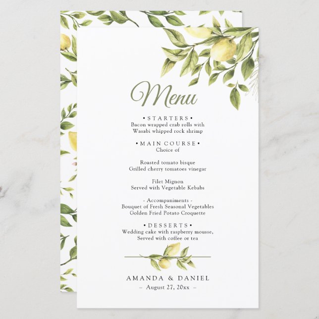 Menu de Casamento Rustic Greenery Lemons (Frente/Verso)