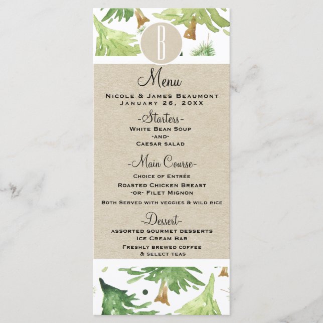 Menu de Casamento Rustic Kraft Árvores de Pinheiro (Frente)