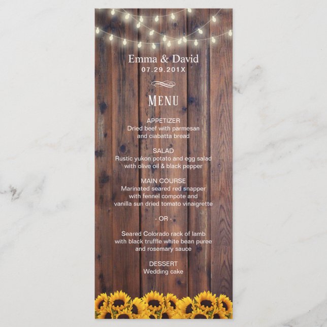 Menu de Casamento Rustic Sunflower & String Lights (Frente)