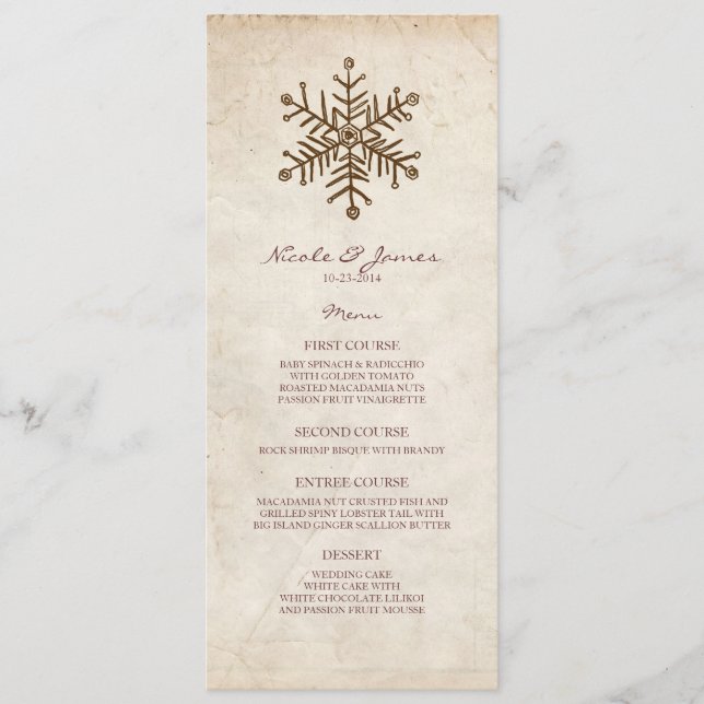 Menu de Casamento Rustic Vintage Snowflake (Frente)