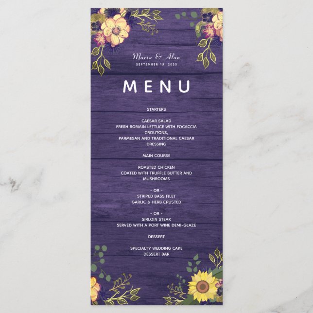 Menu de Casamento Rústico com Flores Roxas (Frente)