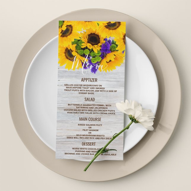 Menu de Casamento Rústico de Flores de Girassol de (Rustic white wood sunflower floral Wedding Menu)