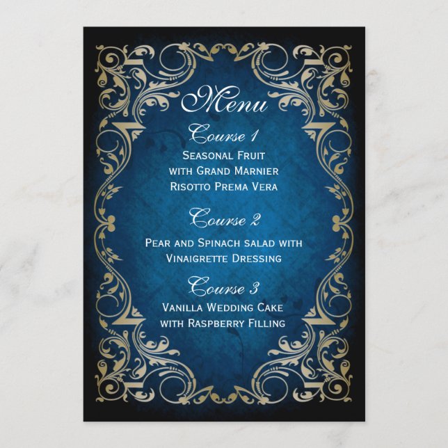 menu de casamento rústico de ouro "azul marinho" (Frente)