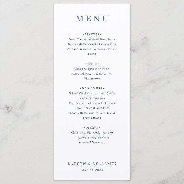 Menu de Casamento Serif Azul Naval Elegante (Frente)