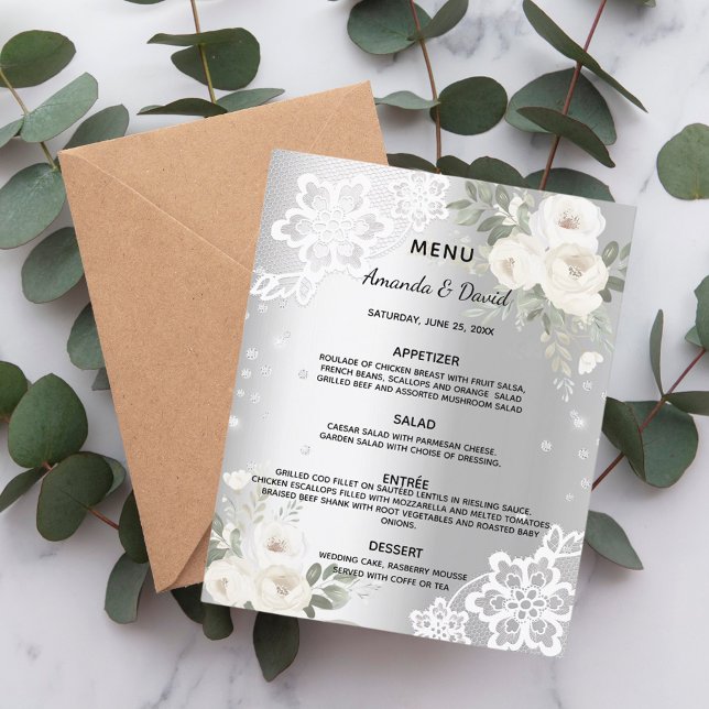 Menu de casamento Silver White Flores diamond (Criador carregado)