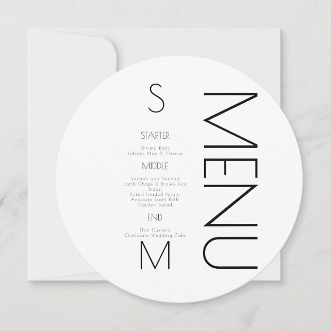 Menu de Casamento Simples Branco Preto Monograma (Frente)