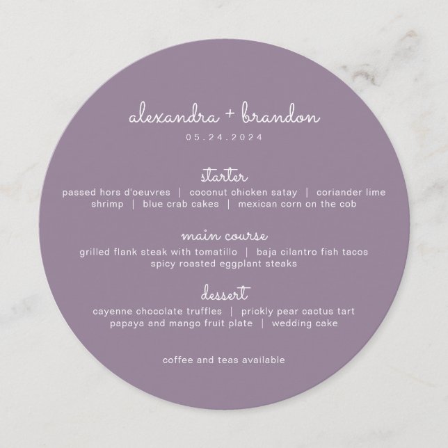 Menu de Casamento Simples com Lilac Arredondado (Frente)