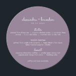 Menu de Casamento Simples com Lilac Arredondado<br><div class="desc">Um menu redondo simples e moderno,  personalizável,  com o nome do casal e a data do casamento no topo,  roxo e branco modernos e empoeirados. Um backer pontilhado acentua qualquer definição de mesa ou lugar para uma ocasião formal. Estes menus redondos parecem excelentes em cada prato!</div>