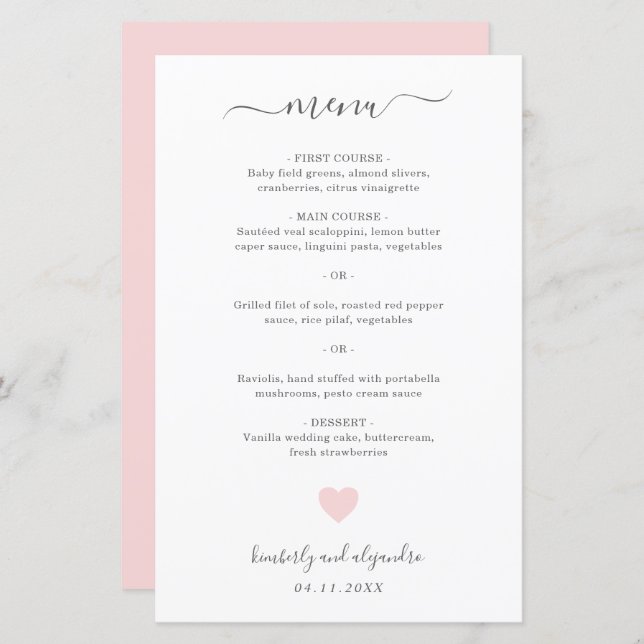 Menu de Casamento Simples, Coração Cor-de-Rosa Bon (Frente/Verso)
