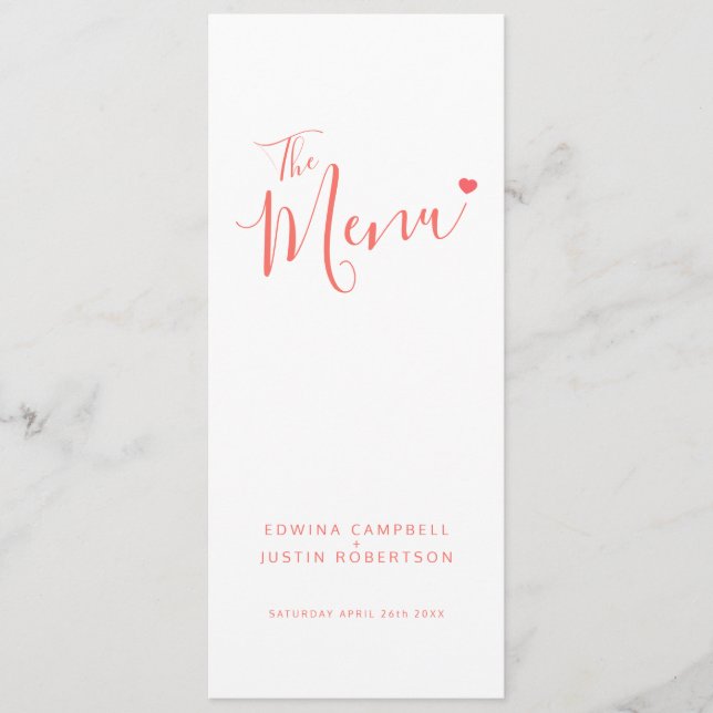Menu de casamento simples de guião branco e coral  (Frente)