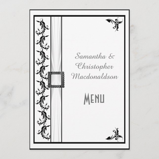 Menu de casamento simples de rendas preto e branco (Frente)
