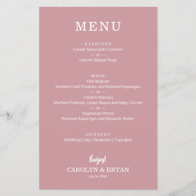 Menu de Casamento Simples de Rosa Dusty de Orçamen (Frente)