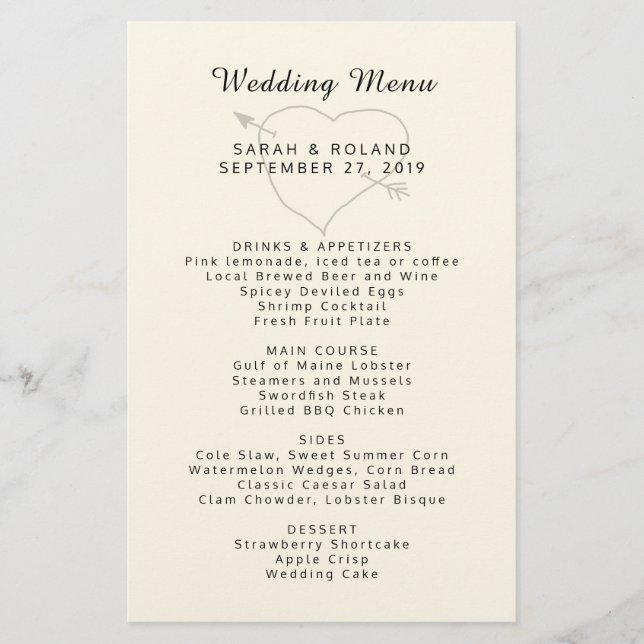 Menu de Casamento Simples Ecru Personalizado do He (Frente)