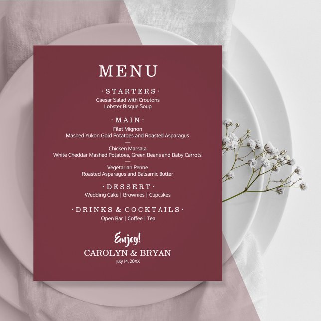 Menu de Casamento Simples Elegante de Borgonha (Criador carregado)