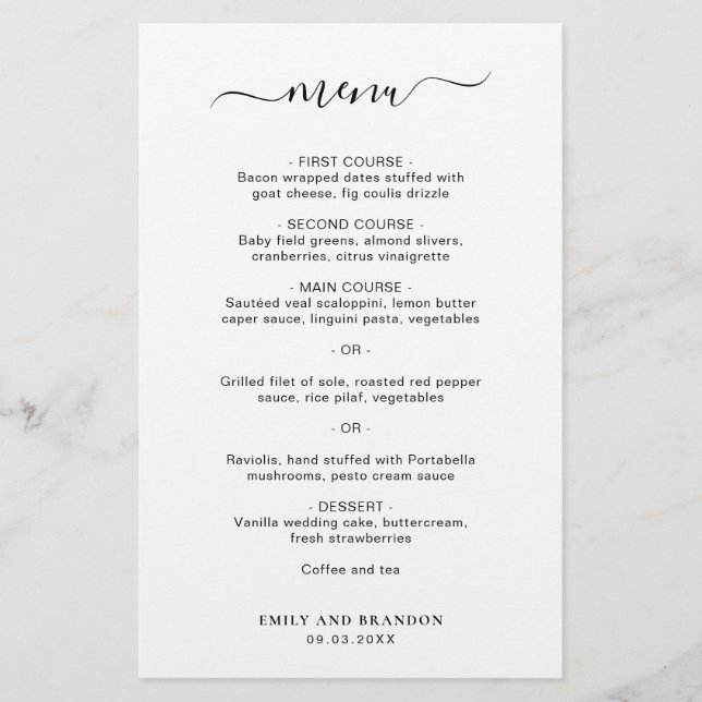 Menu de Casamento Simples Elegante Moderno (Frente)