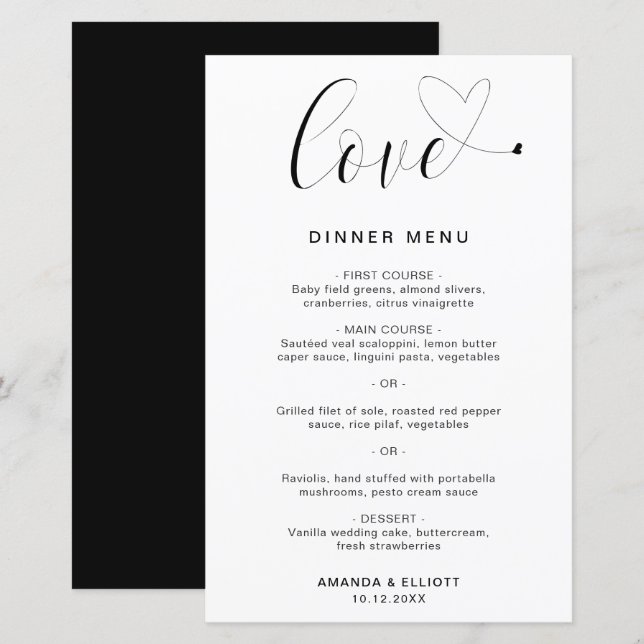 Menu de Casamento Simples Moderno Coração de Amor (Frente/Verso)