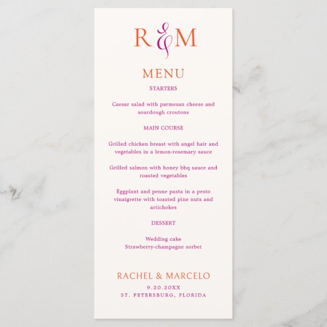 Menu de Casamento Simples Monograma Magenta Laranj (Frente)