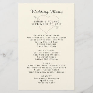 Menu de Casamento Simples Personalizado do Coraç