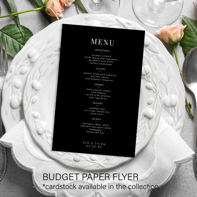 Menu de casamento simples, preto e branco, moderno (Criador carregado)