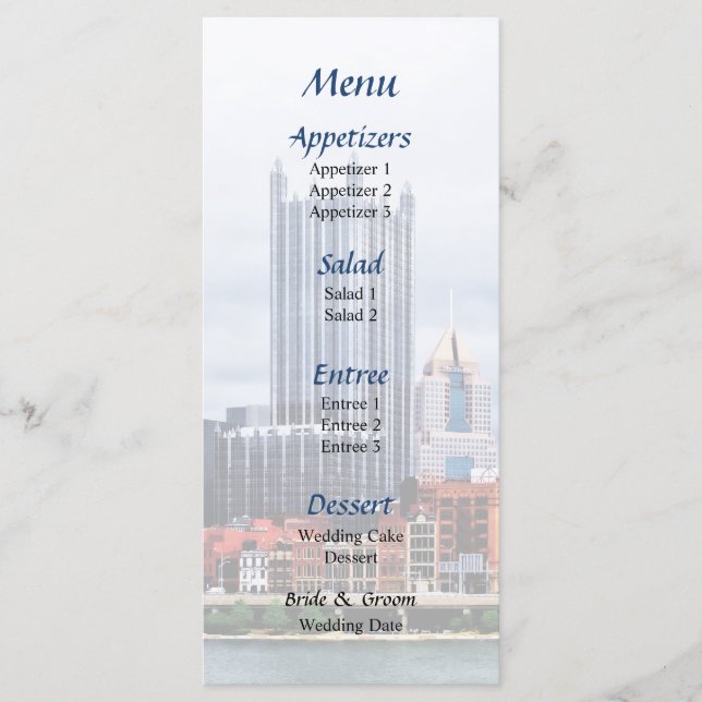 Menu de Casamento Skyline da PA de Pittsburgh (Frente)