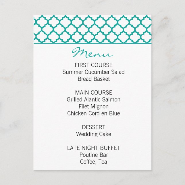 Menu de Casamento Teal com Padrão Marroquino (Frente)
