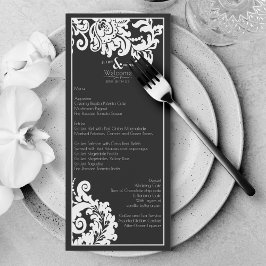 Menu de Casamento tema damasco Floral Branco e Pre