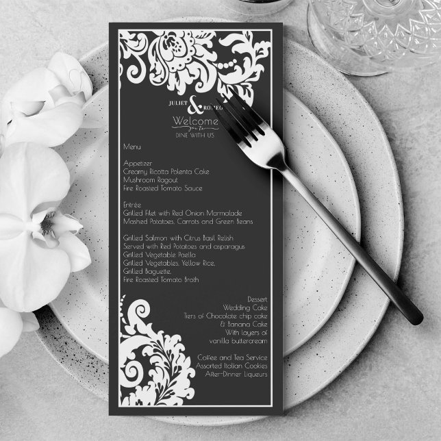 Menu de Casamento tema damasco Floral Branco e Pre (Elegant black and white floral damask wedding menu)