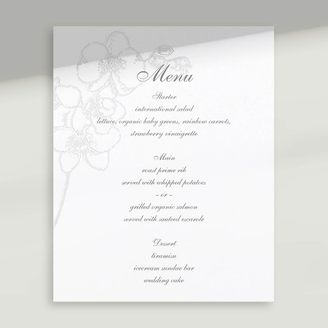 Menu de Casamento Tradicional das Orquídeas Embosa (formal wedding menu faux embossed orchid floral modern classic traditional calligraphy)