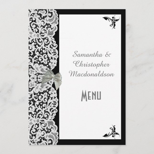 Menu de casamento tradicional de rendas preto e br (Frente)