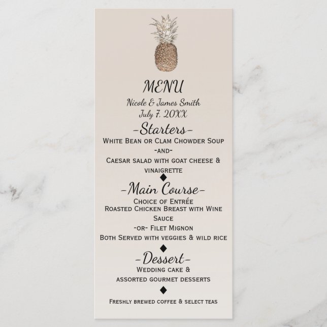 Menu de Casamento Tropical Havaiana de Ananás Rúst (Frente)