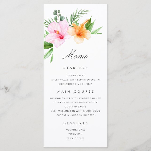 Menu de Casamento Tropical Luau Floral Beach Palm (Frente)