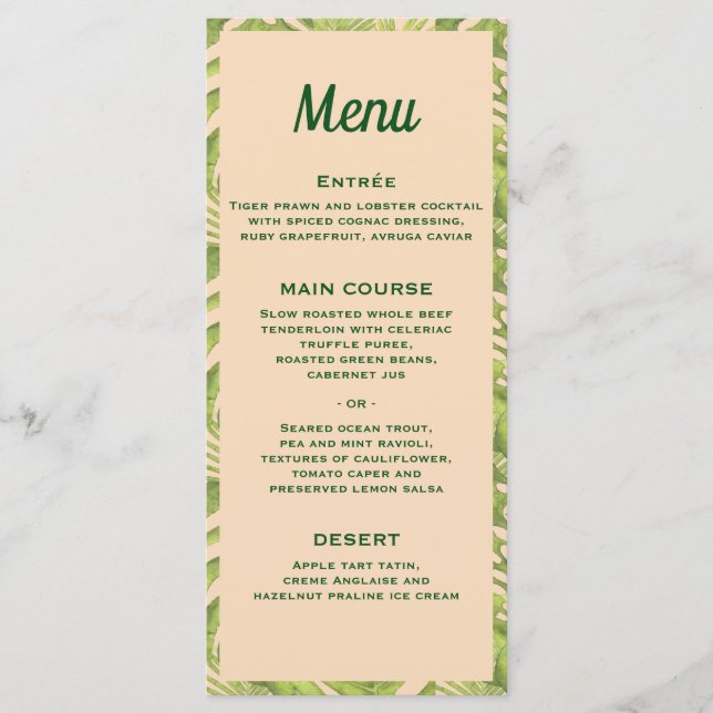 Menu de Casamento Tropical Verde e Blush (Frente)