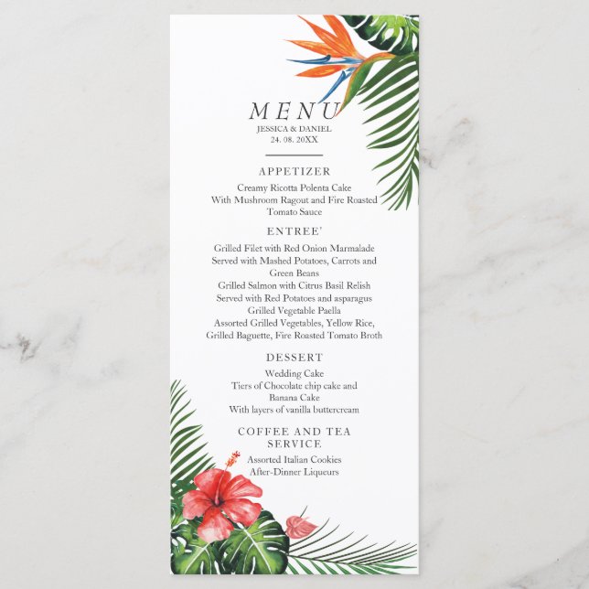 Menu de Casamento Tropical Vibrante (Frente)
