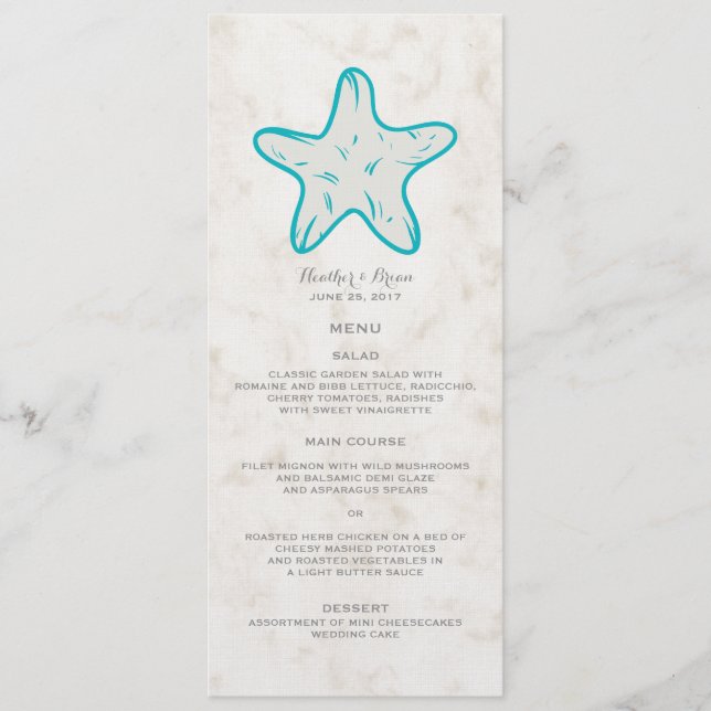 Menu de Casamento Turquesa Rustic Starfish (Frente)