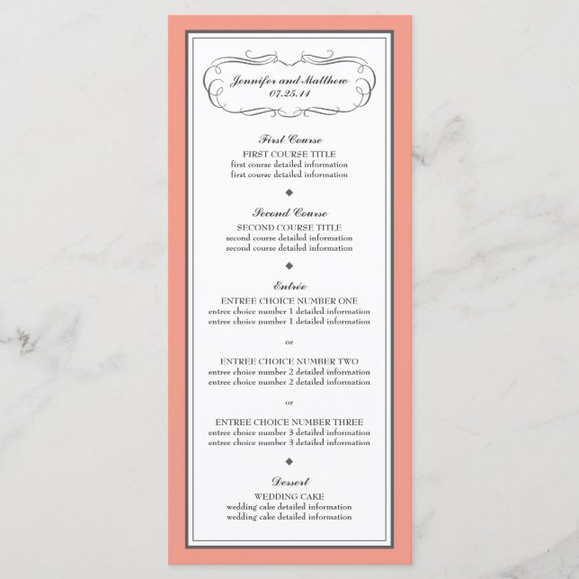 Menu de Casamento Tuxedo em Coral e Cinzas (Frente)