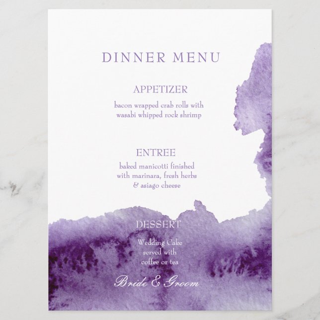 Menu de Casamento Ultra Violet Elegant Watercolor (Frente)