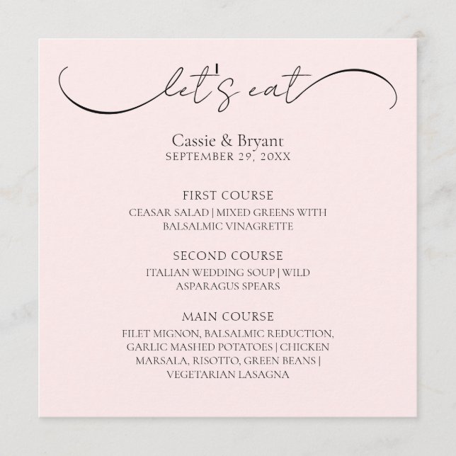 Menu de Casamento Único de Script Moderno Cor-de-R (Frente)