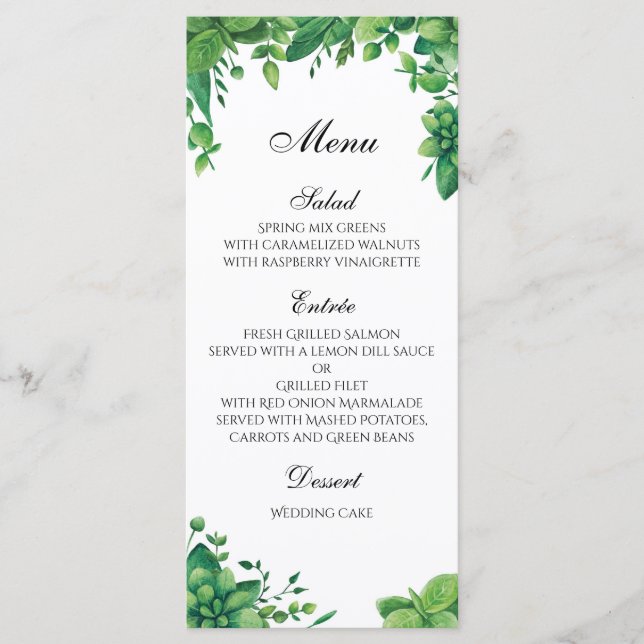 Menu de casamento verde ao ar livre. Menu janto de (Frente)