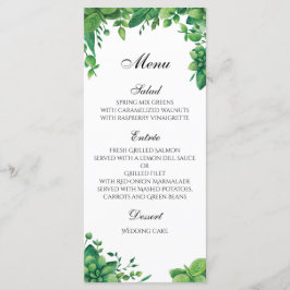 Menu de casamento verde ao ar livre. Menu janto de