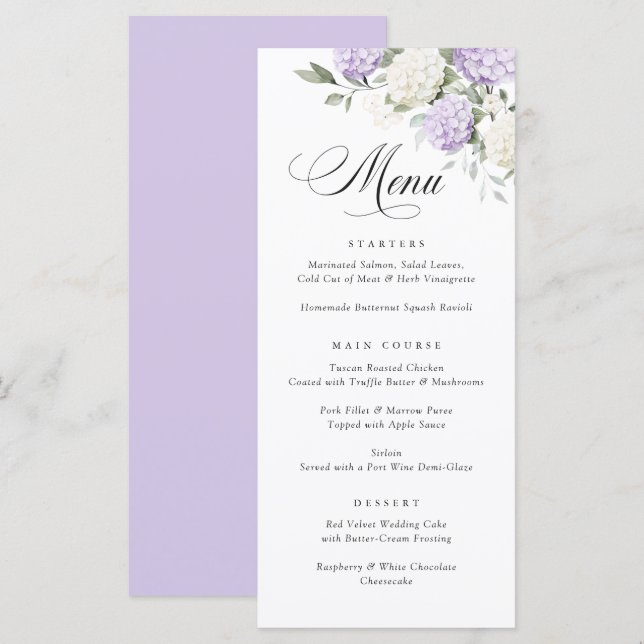 Menu de Casamento Verde com Hortênsia Roxa Elegant (Frente/Verso)