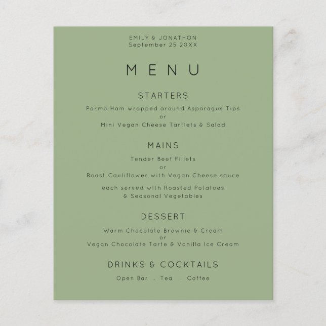 Menu de Casamento Verde de Sábio de Texto Simples  (Frente)