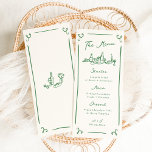 Menu de Casamento Verde Desenhado à Mão Branca<br><div class="desc">Este design adorável apresenta elementos desenhados à mão e um texto ousado e caprichoso.</div>